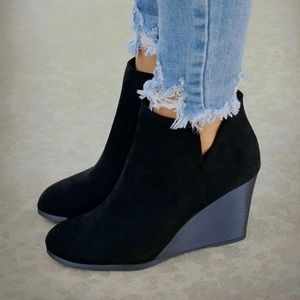 Faux suede black wedge booties